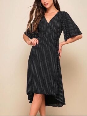 Lulus | Black/White Diamond Print Farah Short-Sleeve High-Low Wrap Dress Sz Sm